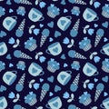 Vector seamless pattern with ice cream cones, cupcakes, cups and flowers on dark blue background. Royalty Free Stock Photo